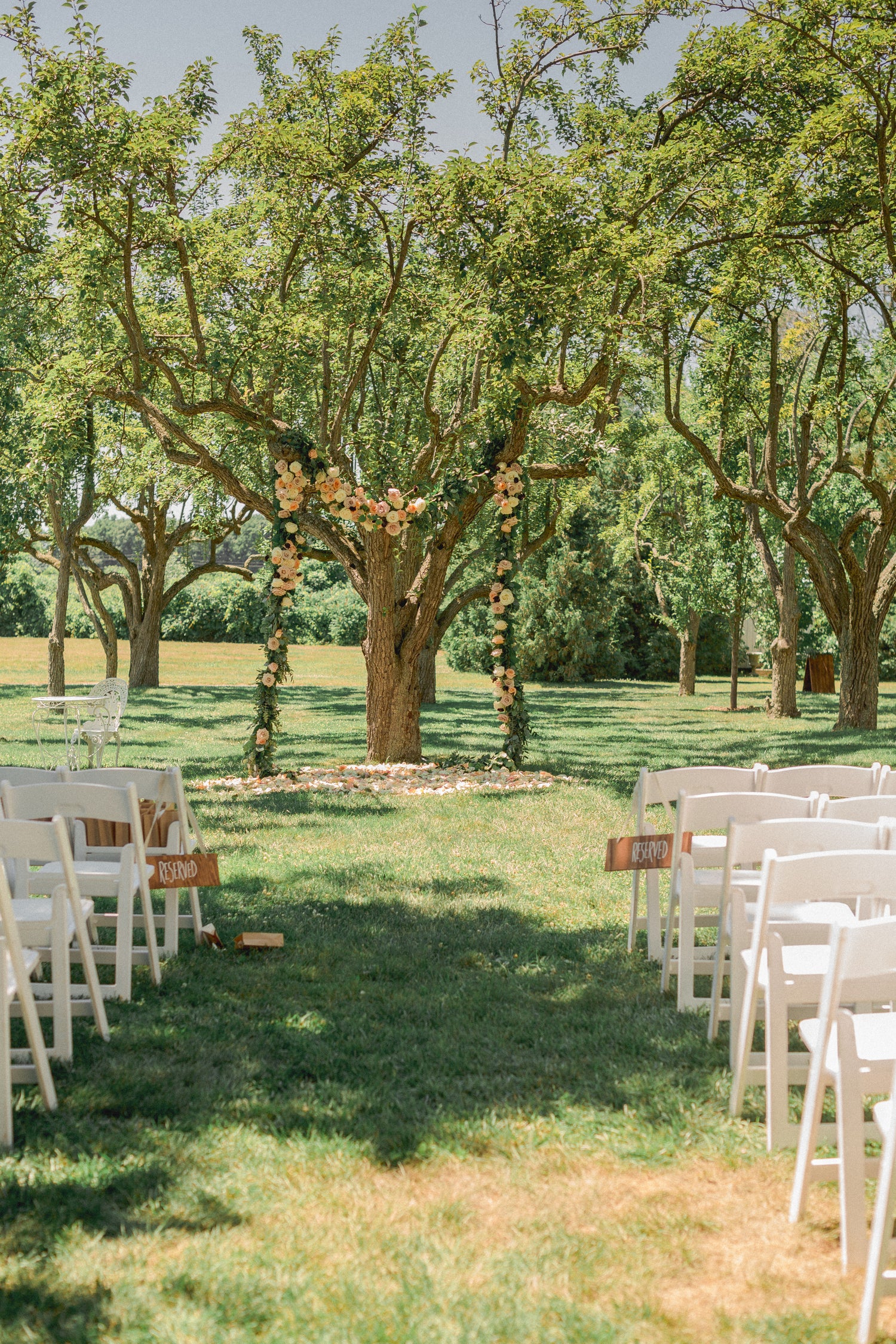 flowered wedding arch under a tree